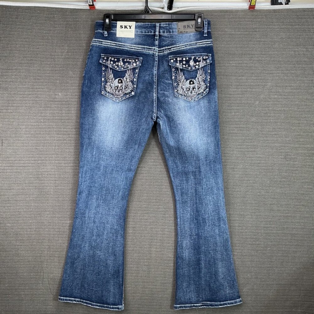 SKY Premium Collection Women's sz 15 Blue Bootcut Jeans Embroidered Wings Skull